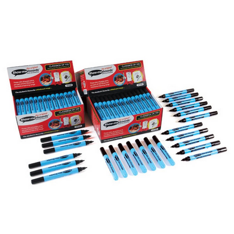 Show-Me Fine Point Slim Barrel Drywipe Black Marker (Pack of 100)