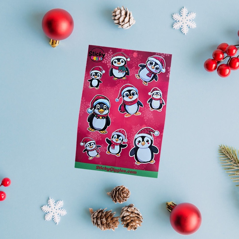 Festive Christmas Penguins Sticker Sheet 9 Stickers (ONLINE ORDER ONLY)