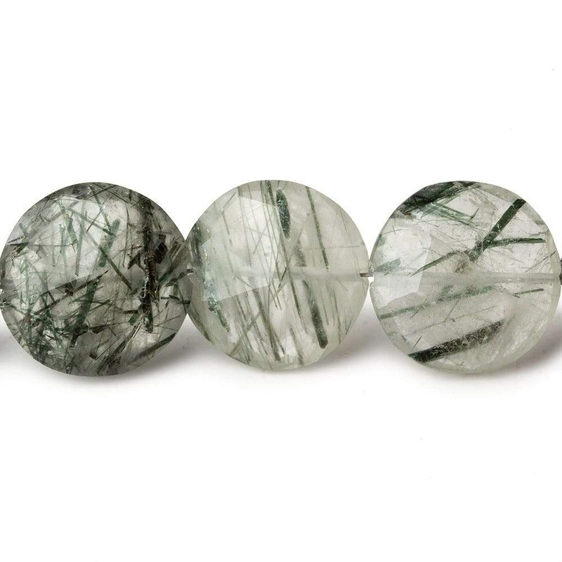 12-13mm Green Tourmalinated Quartz faceted coins 8 inch 15 beads A (ONLINE ORDER ONLY)