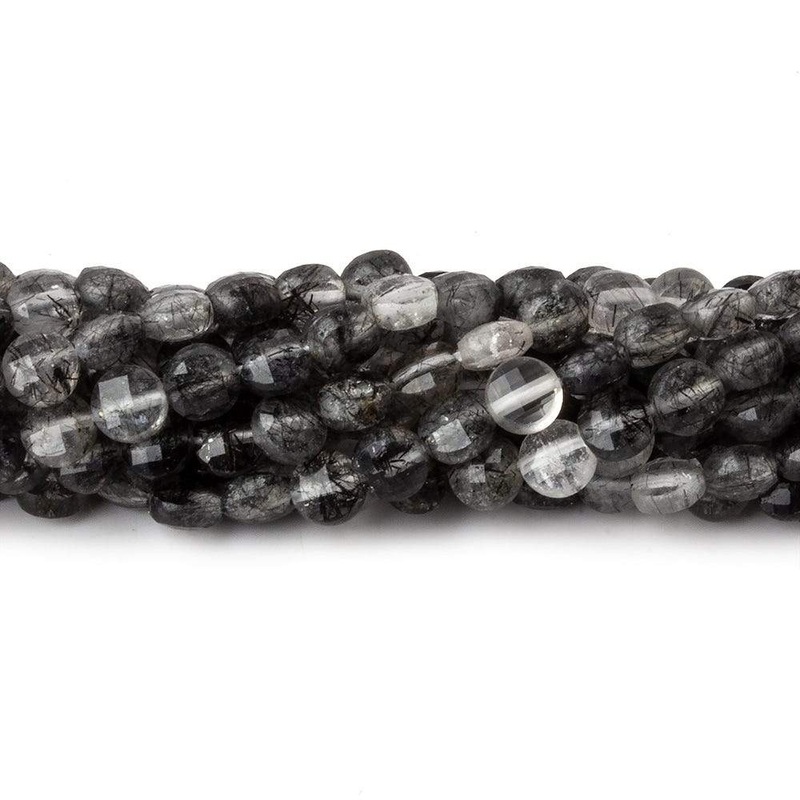4mm Black Tourmalinated Quartz checkerboard calibrated faceted coins 12.5 inch 85 beads AAA (ONLINE ORDER ONLY)