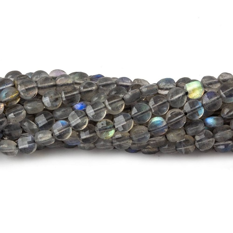 4mm Labradorite checkerboard calibrated faceted coins 12.5 inch 85 beads AAA (ONLINE ORDER ONLY)