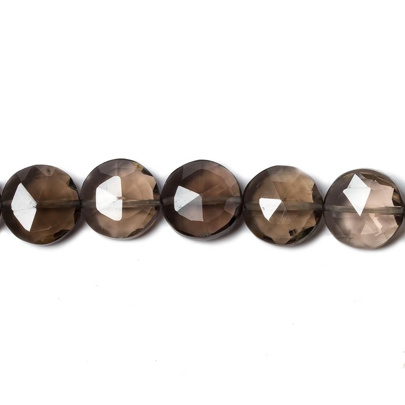 9mm Smoky Quartz faceted coin beads 8 inch 23 pieces (ONLINE ORDER ONLY)