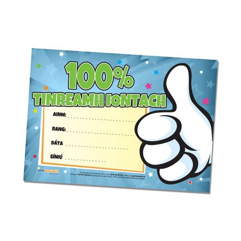 100% Tinreamh Iontach Award Certificates