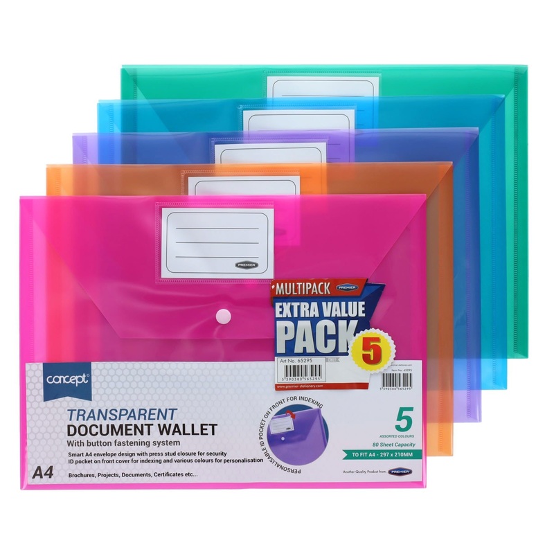 Premier Office Pack of 5 A4 Clear Coloured Button Wallets
