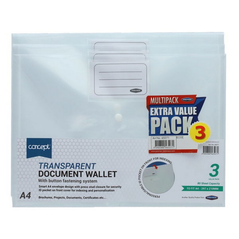 Concept Pack of 3 A4 Clear Button Wallets