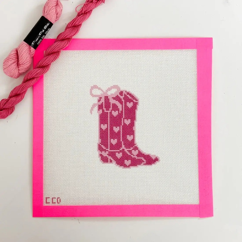 Cotswold Co Designs – Hand-Painted Heart Coquette Cowgirl Boot Needlepoint Canvas (ONLINE ORDER ONLY)