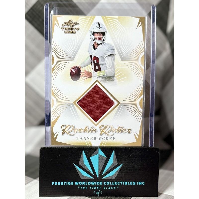 Tanner McKee 2023 Leaf Trinity Rookie Relics Jersey Patch #RR-34 PHI Eagles RC (ONLINE ORDER ONLY)