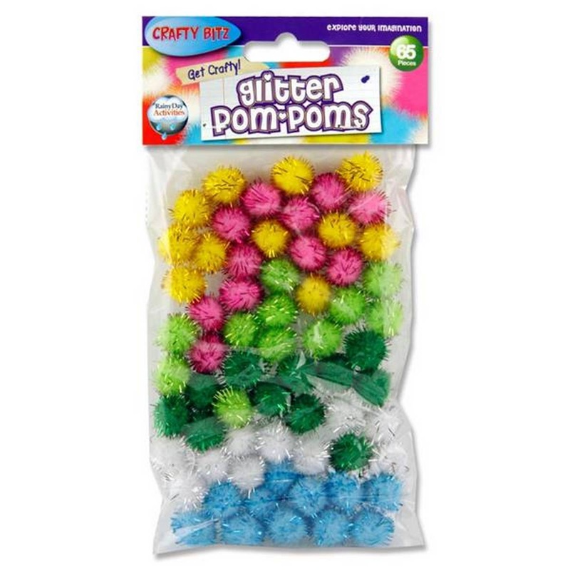 Glitter Pom Poms Assorted Pack of 65 (Small)