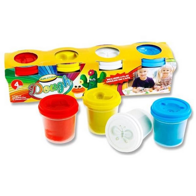 Play Dough With Mould Lids (4x140g Pots) Red, Blue, White & Yellow