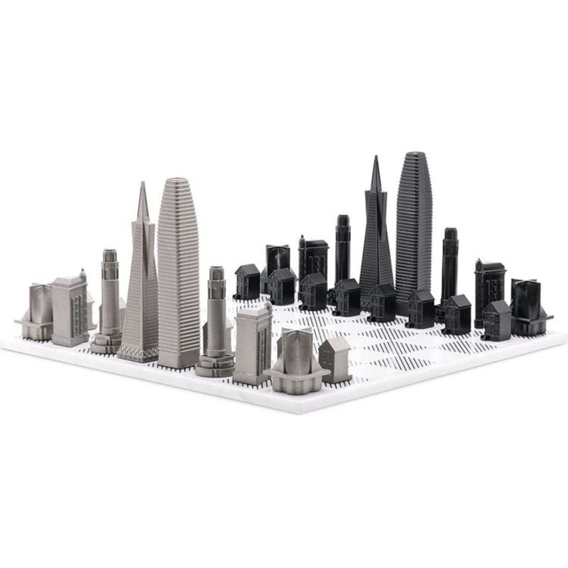 San Francisco Edition Stainless Steel Chess Set with Marble Hatch Board