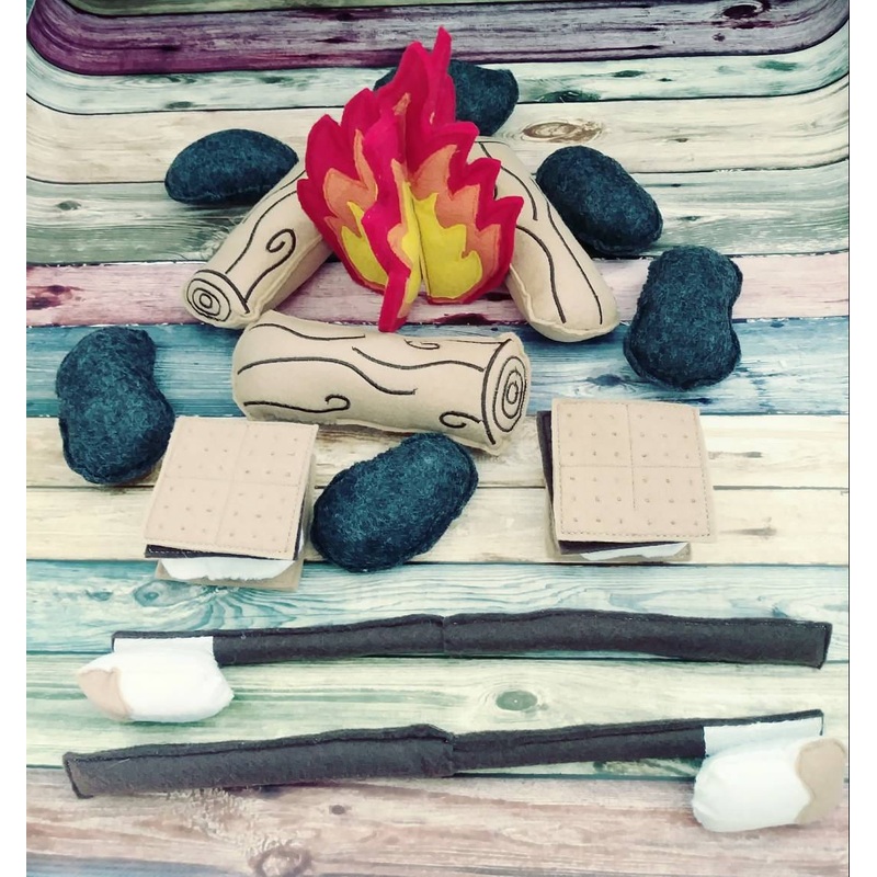 Felt campfire play set gift for kids- fake fire pit  – camper decor – bonfire – set for two – photography prop (ONLINE ORDER ONLY)