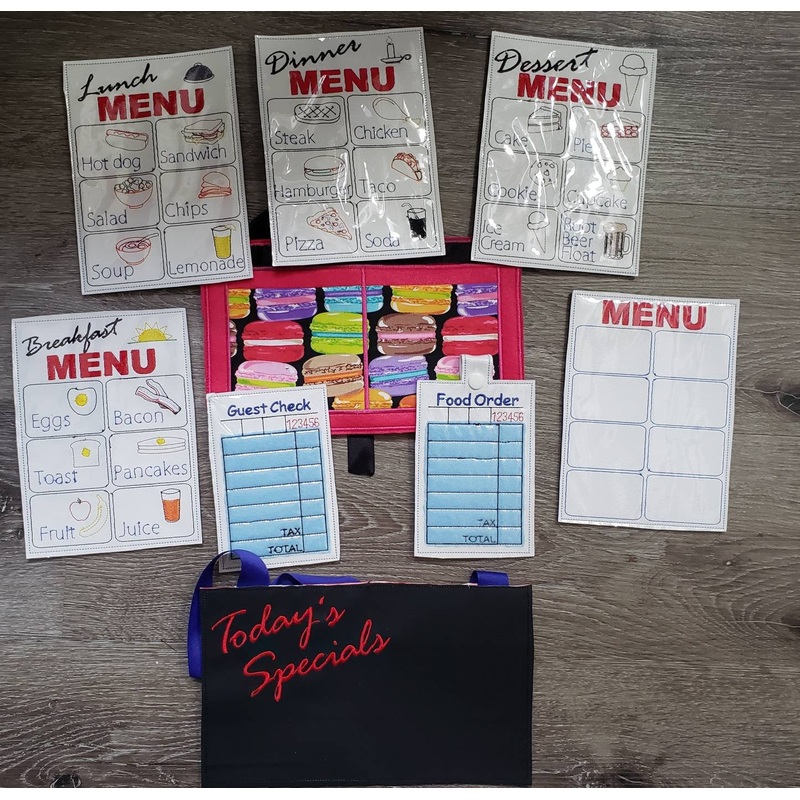 Waitress play set – Restaurant toys – Restaurant play set – pretend restaurant – pretend menus – pretend play – play kitchen- pocket apron (ONLINE ORDER ONLY)