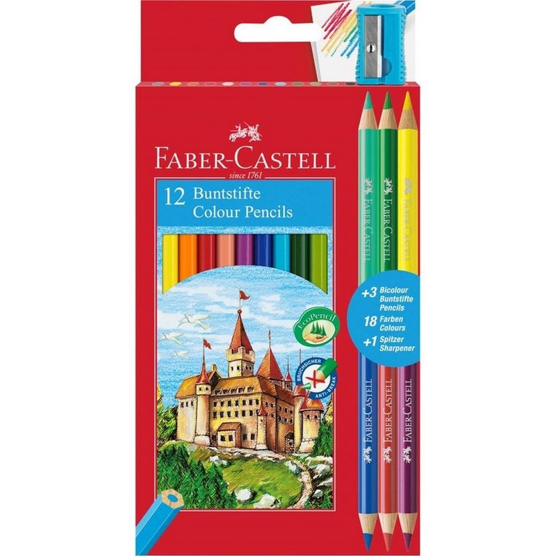 Faber Castell Eco Colouring Pencils (12) + 3 Bi-Colour + Sharpener Free