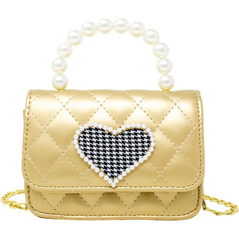 Quilted Pearl Handle Heart Bag – Gold