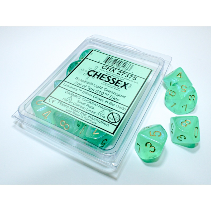Borealis Light Green/Gold Luminary Set of Ten d10s