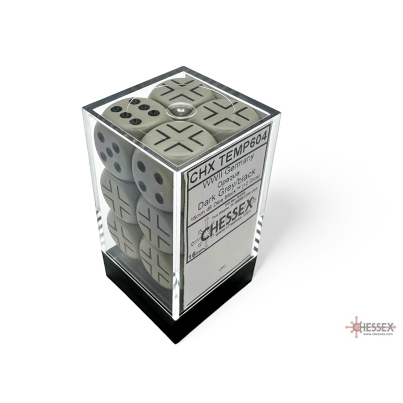 WW2 German Opaque Grey/Black 16mm D6 Dice Block (12)