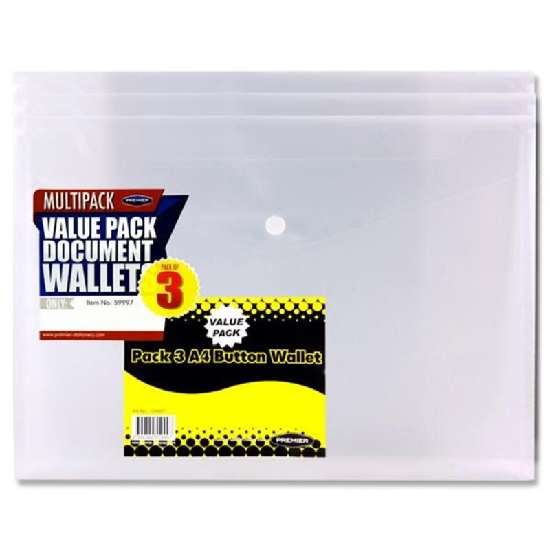 Premier Pack of 3 A4 Clear Button Wallets