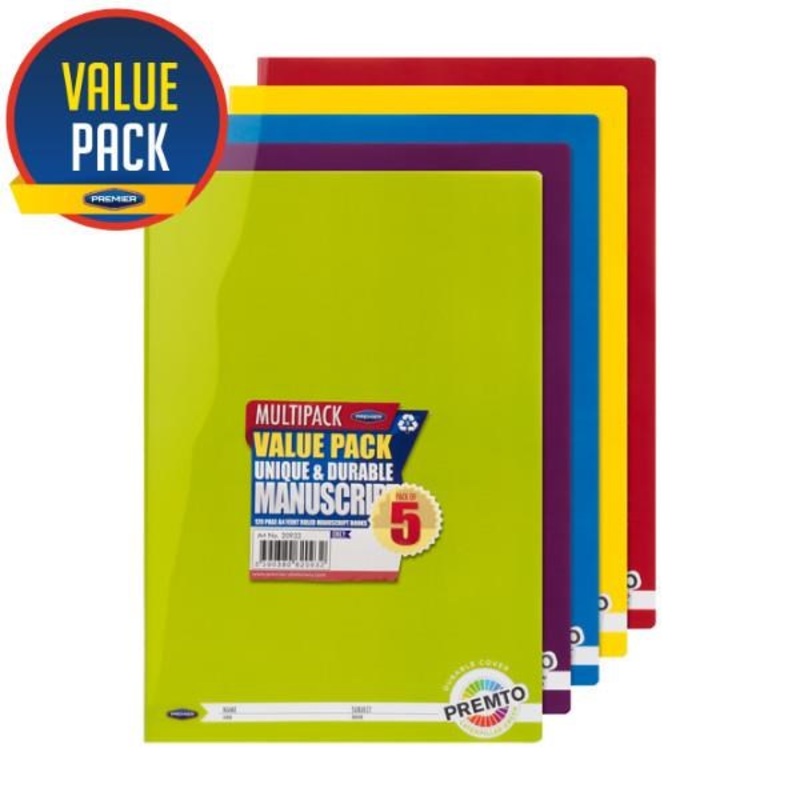 Premto A4 120pg Durable Cover Manuscript Book  Pack of 5 Asst.