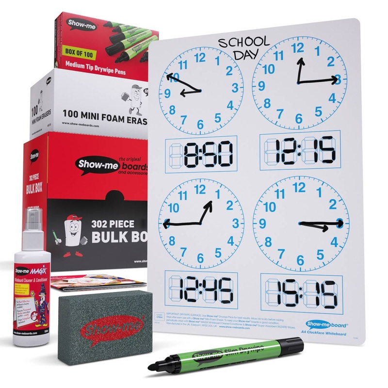 Bulk Box Drywipe Board Pack with Pens and Erasers  Telling the Time 4 Panel, A4  100 Sets