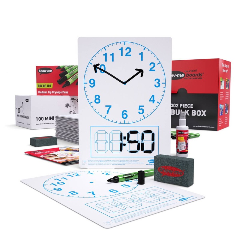 Bulk Box Drywipe Board Pack with Pens and Erasers  Telling the Time, A4  100 Sets