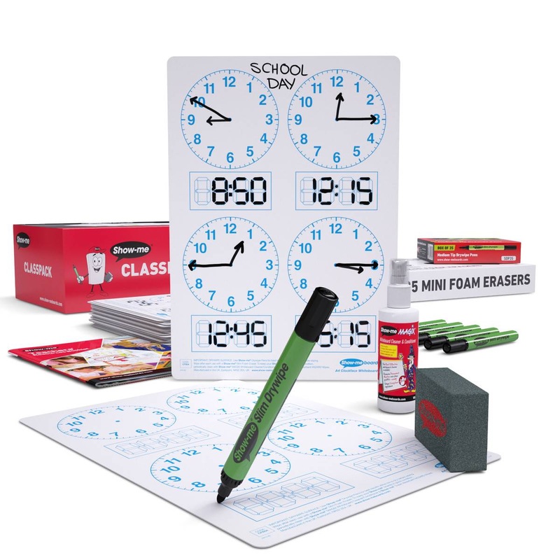 Class Pack Drywipe Boards with Pens and Erasers  Telling the Time 4 panel, A4  35 sets