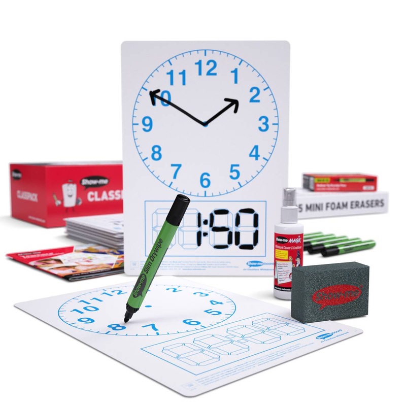 Class Pack Drywipe Boards with Pens and Erasers  Telling the Time, A4  35 sets