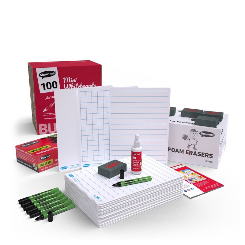 Show Me A4 Curriculum Whiteboards (40 Plain, 30 Lined & 30 Gridded Boards) Pens and Erasers.   
Includes 100ml sample Show-me Magix Cleaner Conditioner.