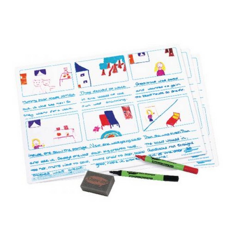 Drywipe Boards with Pens and Erasers  Pack of 5 Tell-a-Story Boards, A3 5 x Mini Foam Erasers (10 Assorted Drywipe Pens)  5 Sets +