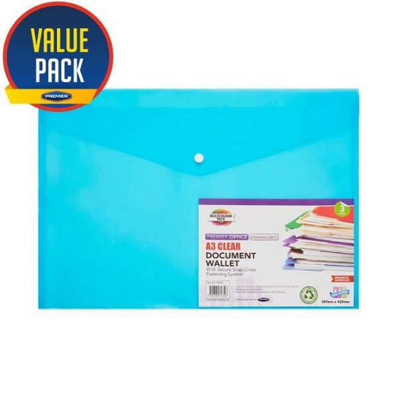 A3 Button Document Wallets  3 Pack Assorted