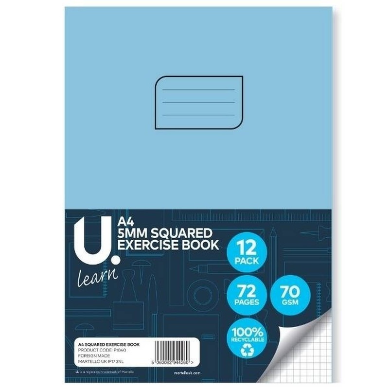 A4 Squared Maths Copy Book, 5mm Squares Pack of 12