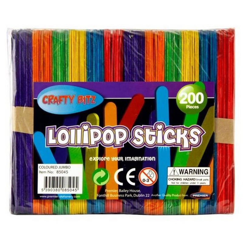 Wooden Lollipop Sticks  Jumbo  Coloured  Pack of 200