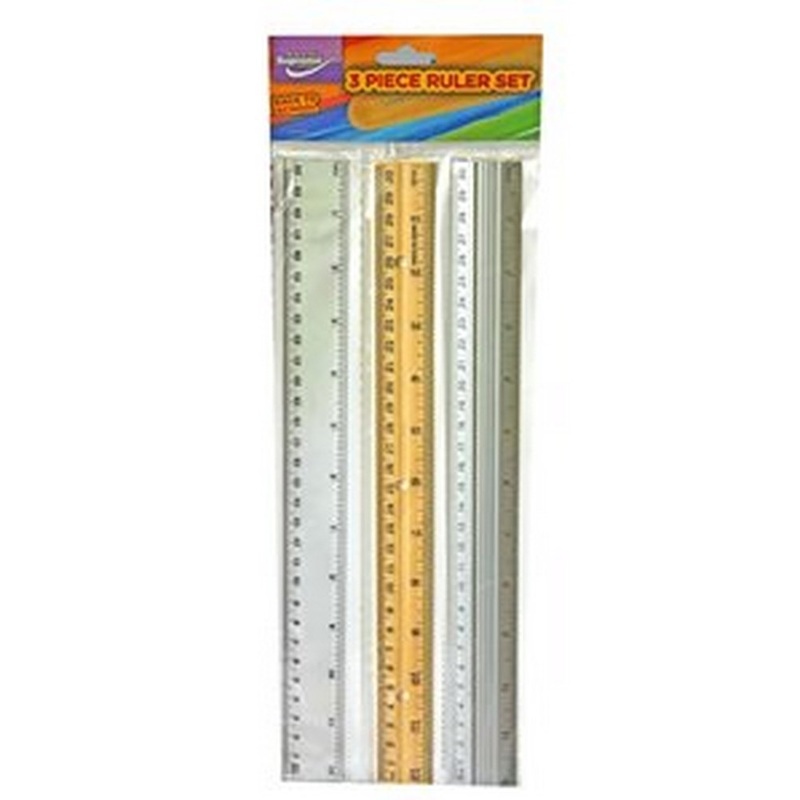 12 Rulers 3 Pack (Steel/ Wood/ Plastic)