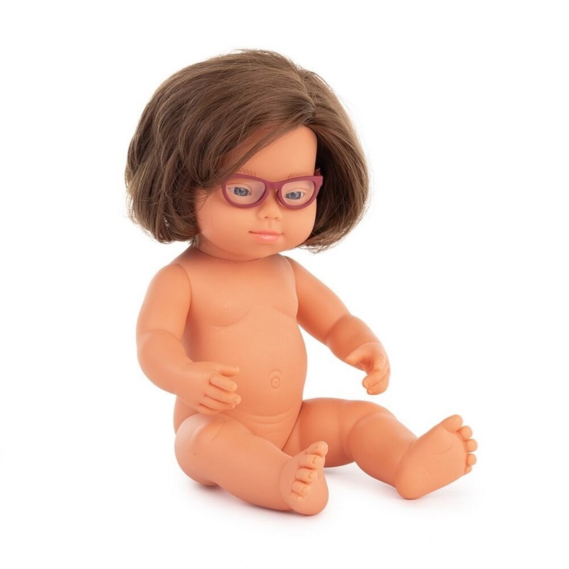 Baby Doll caucasic girl Down Syndrome Glasses 38 cm