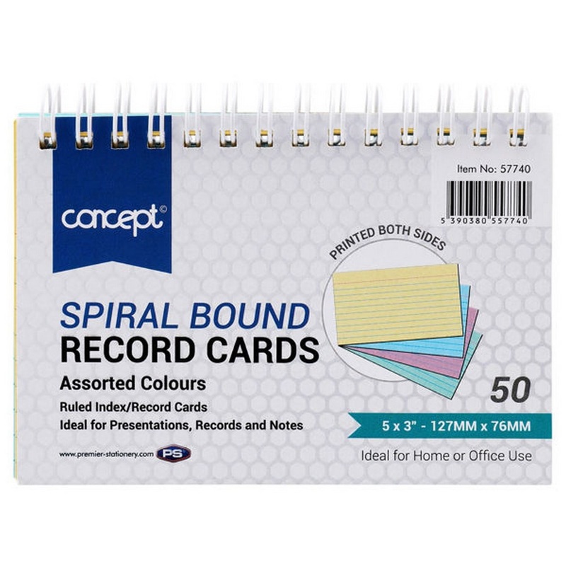 Spiral Ruled Index Colour Cards Pack of 50
