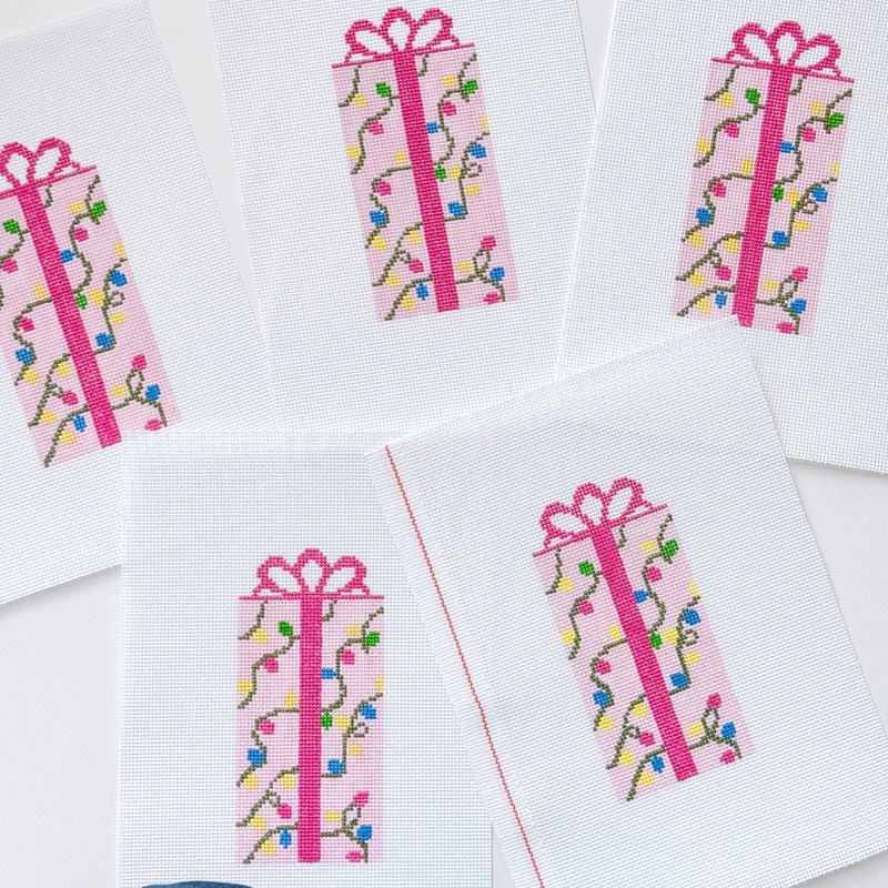 Cotswold Co Designs – Pink Present Christmas Needlepoint Canvas 18 Mesh 2.5×5 Design, Bow Christmas Needlepoint Ornament, Modern Needlepoint (ONLINE ORDER ONLY)