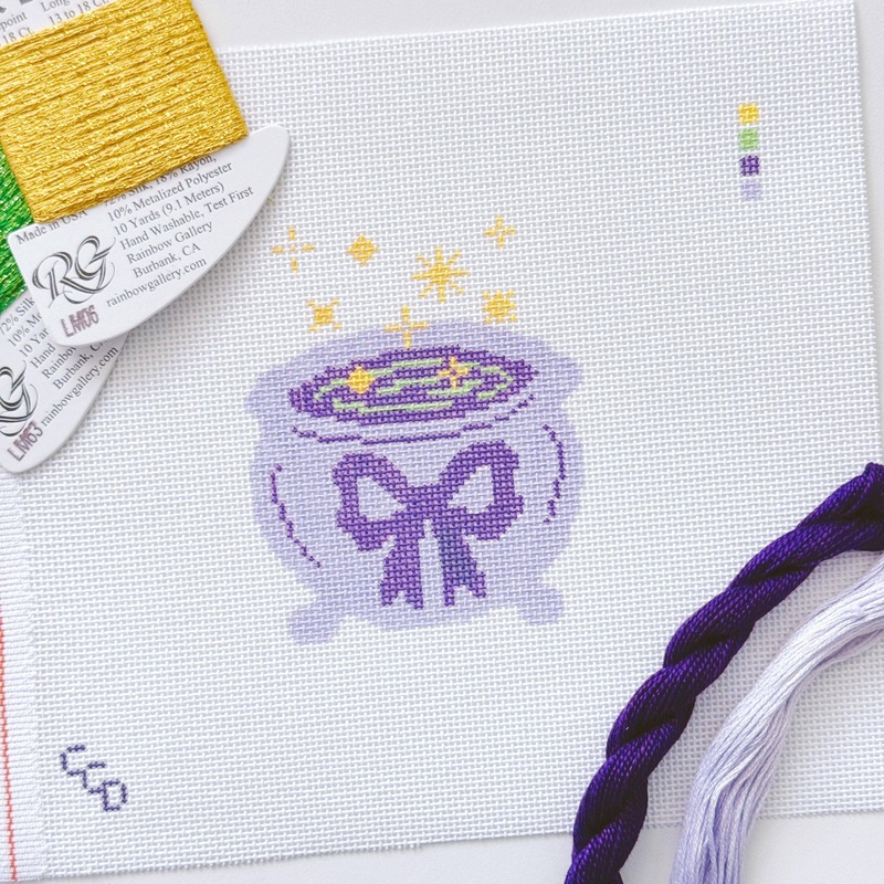 Cotswold Co Designs – Magic Cauldren Halloween Needlepoint Canvas, 18 mesh, 4×4 design, modern trendy needlepoint canvas, bow Halloween needlepoint (ONLINE ORDER ONLY)