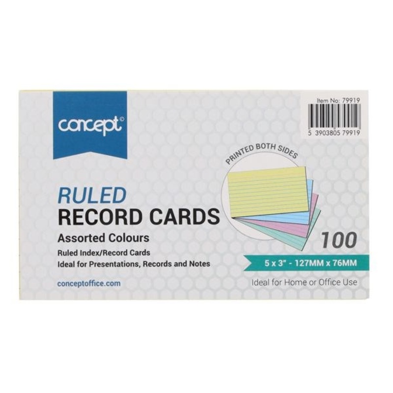 Concept 5 x 3 Ruled Record Cards Colour Pack of 100