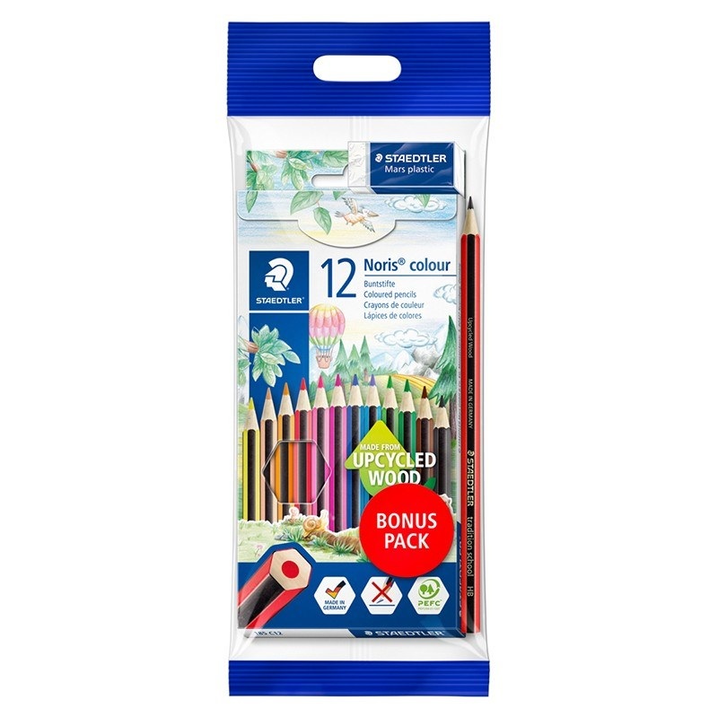 Staedtler Noris Colour 185  Box of 12 in Asstd. Colours, Eraser + FREE Red Pencil