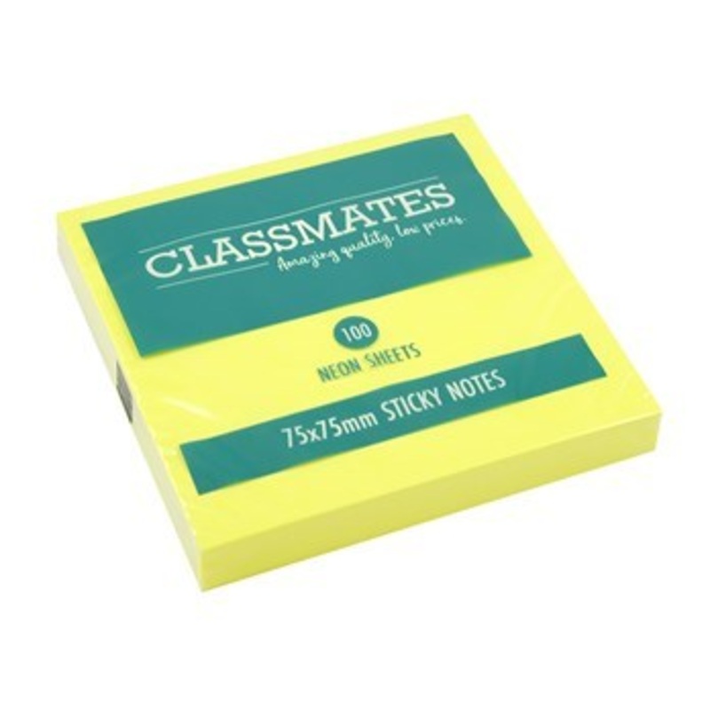 **Classmates Sticky Notes  Assorted Neon  75 x 75mm  Pack of 12