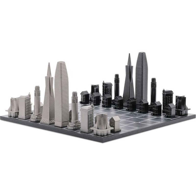 San Francisco Edition Stainless Steel Chess Set with Wood Map Board