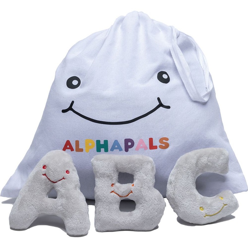 Alphabet Mini Plush Set – Dove Grey Letters with White Drawstring Bag