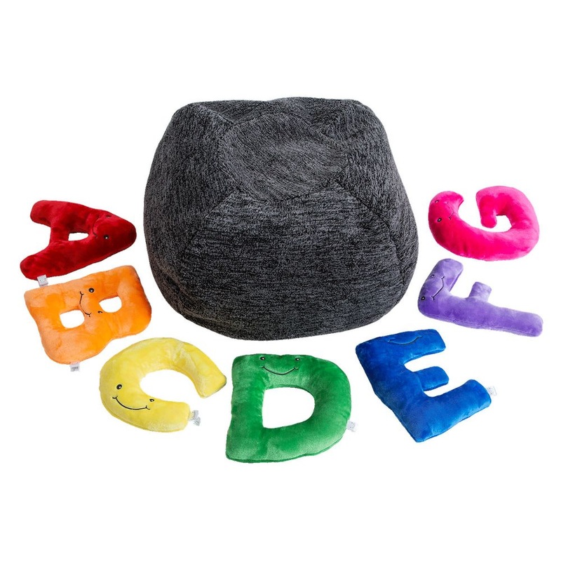 Alphabet Plush Set – Rainbow Letters with Dark Grey Bag