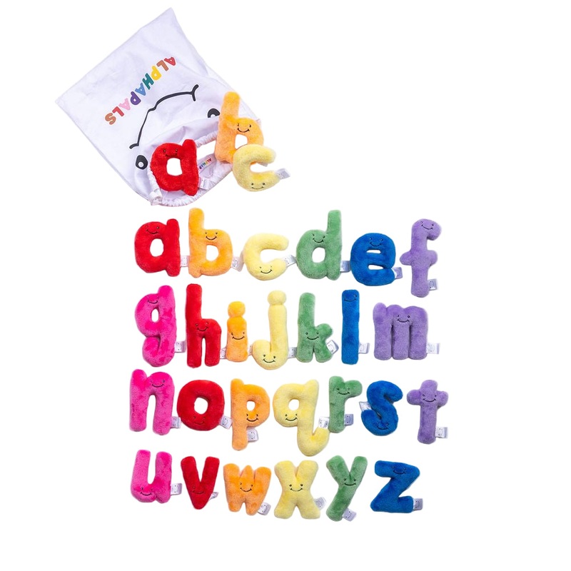 Alphabet Plush Set – Rainbow Mini Lower Case Letters with White Drawstring Bag