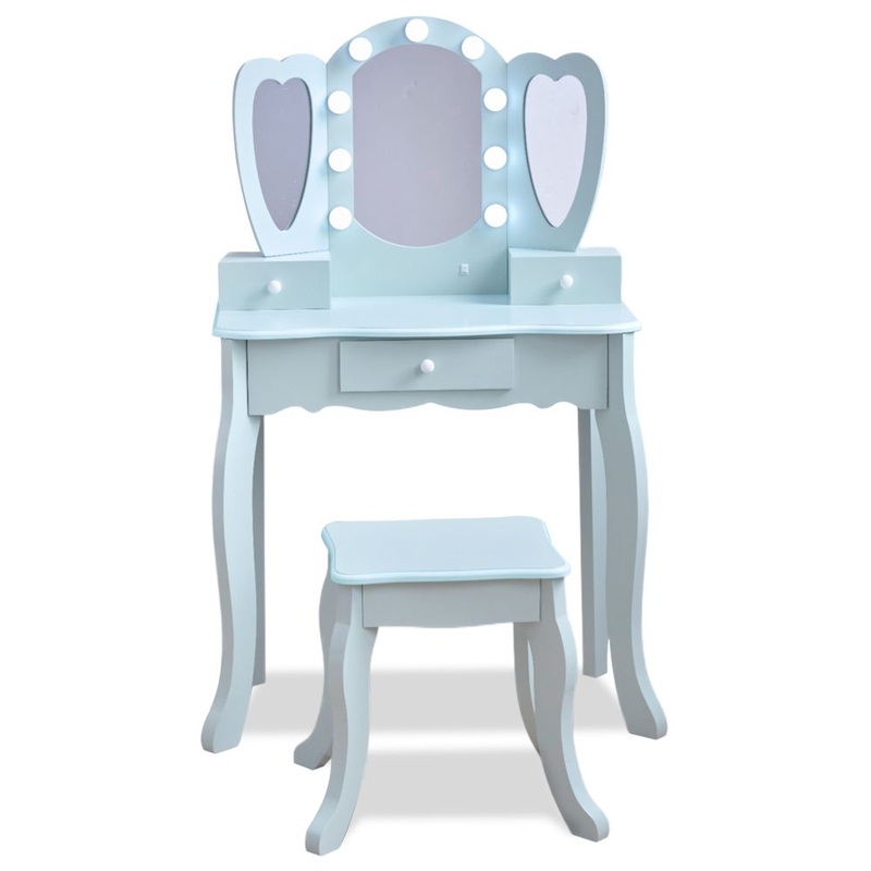 Heart Glow Wooden Vanity Set with LED Lights Mirror & Stool – Blue
