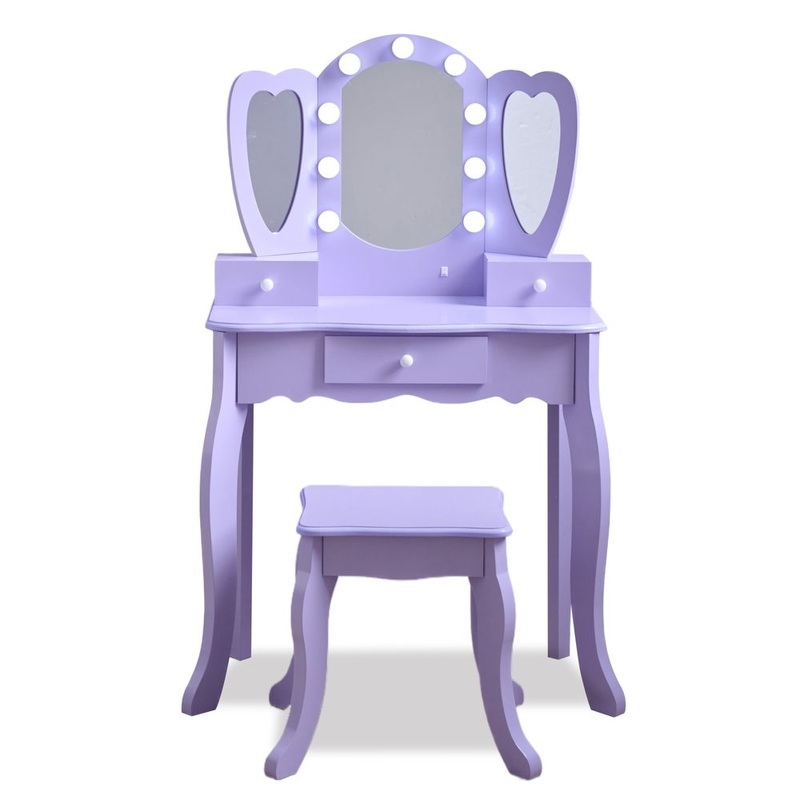 Heart Glow Wooden Vanity Set with LED Lights Mirror & Stool – Purple