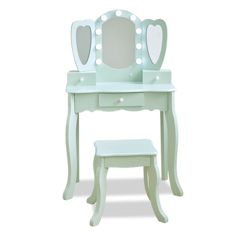 Heart Glow Wooden Vanity Set with LED Lights Mirror & Stool – Sage Green