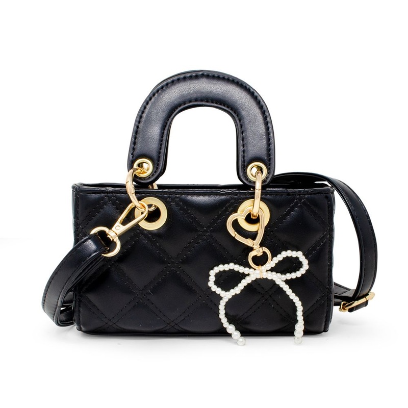 Quilted Rectangle Bow Charm Handbag – Black
