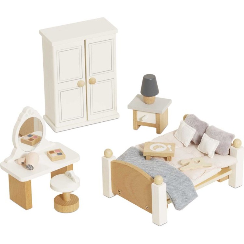 Wooden Dollhouse Bedroom Furniture Set – 19 Pieces