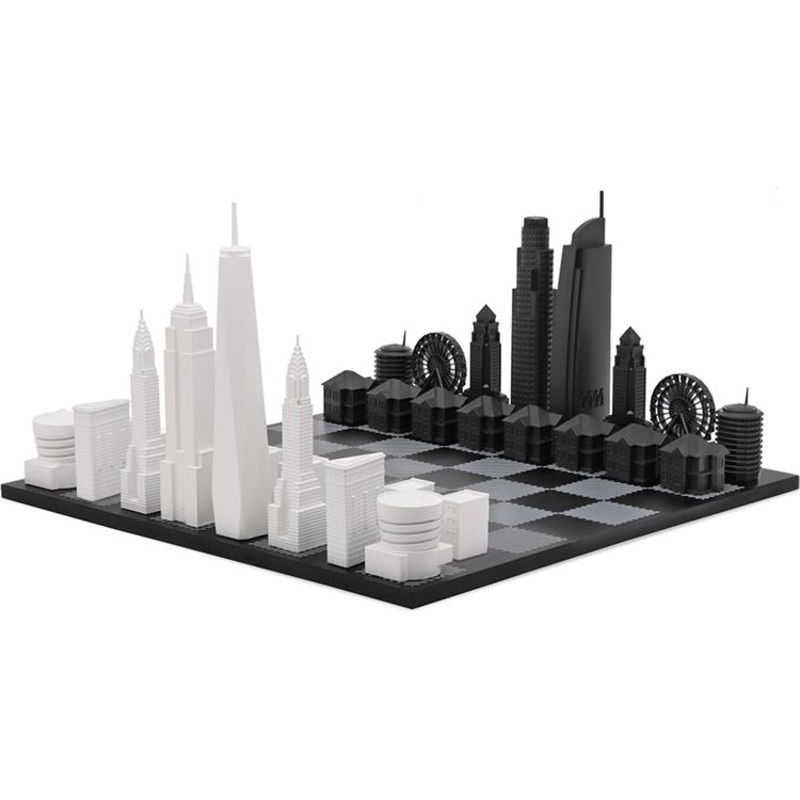 New York Versus Los Angeles Acrylic Chess Set with Black and White Wood Hatch Board